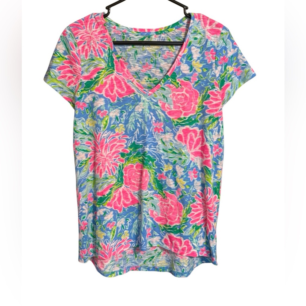 Lilly Pulitzer Floral V-Neck Top Women’s Small Blue Pink Tropical